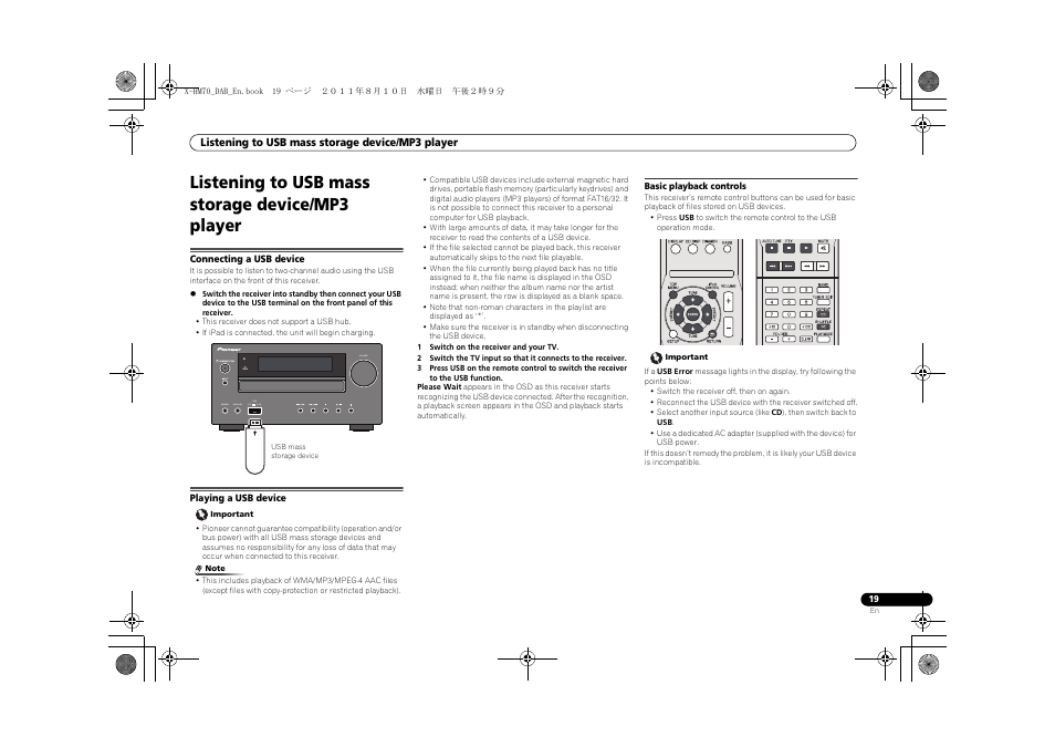 Listening to usb mass storage device/ mp3 player, Connecting a usb device playing a usb device, Listening to usb mass storage device/mp3 player | Timer volume phones audio in usb 5 v 2.1 a | Pioneer X-HM70DAB-K User Manual | Page 19 / 40