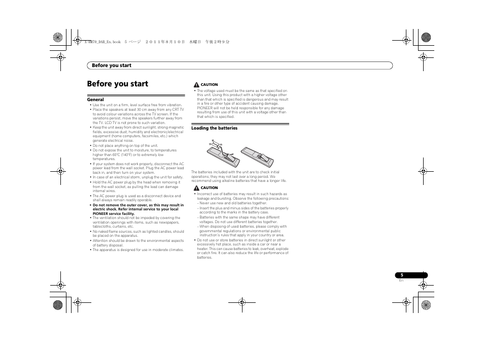 Before you start, General loading the batteries | Pioneer X-HM70DAB-K User Manual | Page 5 / 40