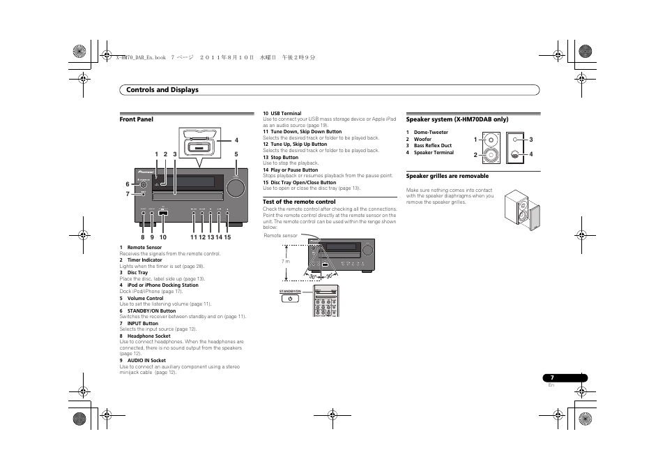 Front panel speaker system (x-hm70dab only), Timer volume phones audio in usb 5 v 2.1 a | Pioneer X-HM70DAB-K User Manual | Page 7 / 40