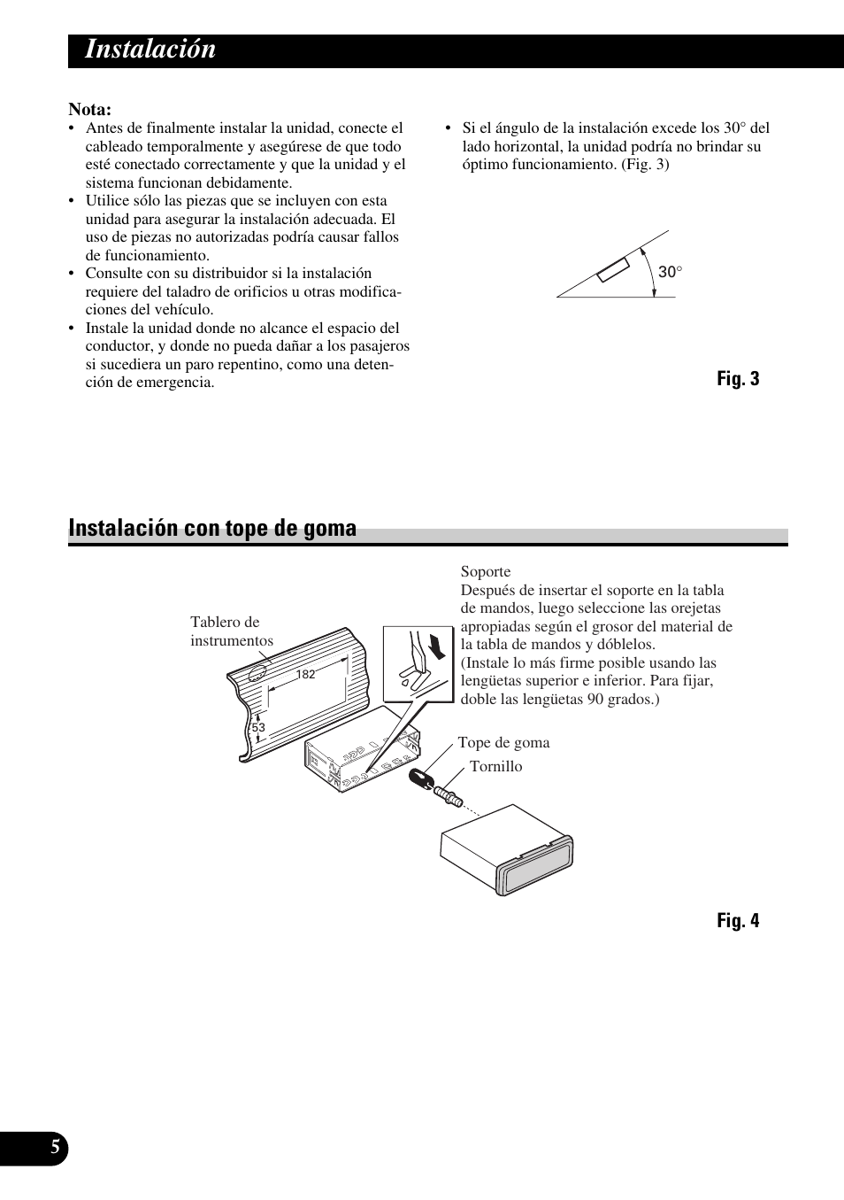 Instalación, Instalación con tope de goma, A title (english) | Pioneer KEH-P8010R User Manual | Page 12 / 40