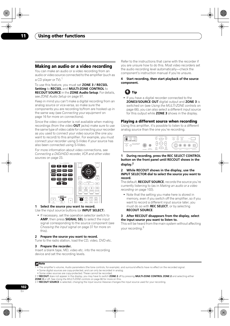 Making an audio or a video recording, Playing a different source when recording, Using other functions 11 | Pioneer SC-LX90 User Manual | Page 102 / 150