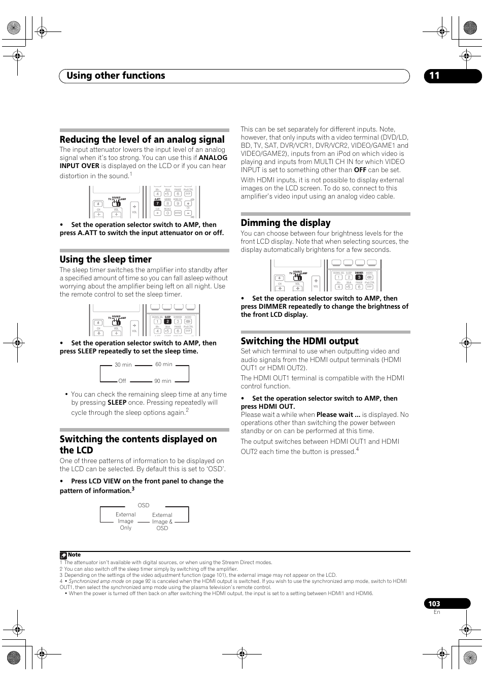 Using other functions 11, Reducing the level of an analog signal, Using the sleep timer | Switching the contents displayed on the lcd, Dimming the display, Switching the hdmi output | Pioneer SC-LX90 User Manual | Page 103 / 150
