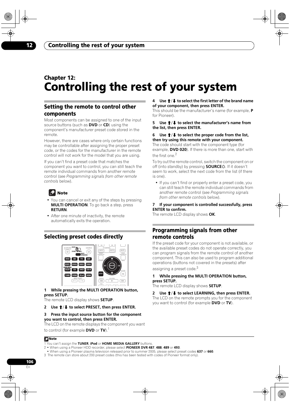 Controlling the rest of your system, Controlling the rest of your system 12, Chapter 12 | Setting the remote to control other components, Selecting preset codes directly, Programming signals from other remote controls | Pioneer SC-LX90 User Manual | Page 106 / 150
