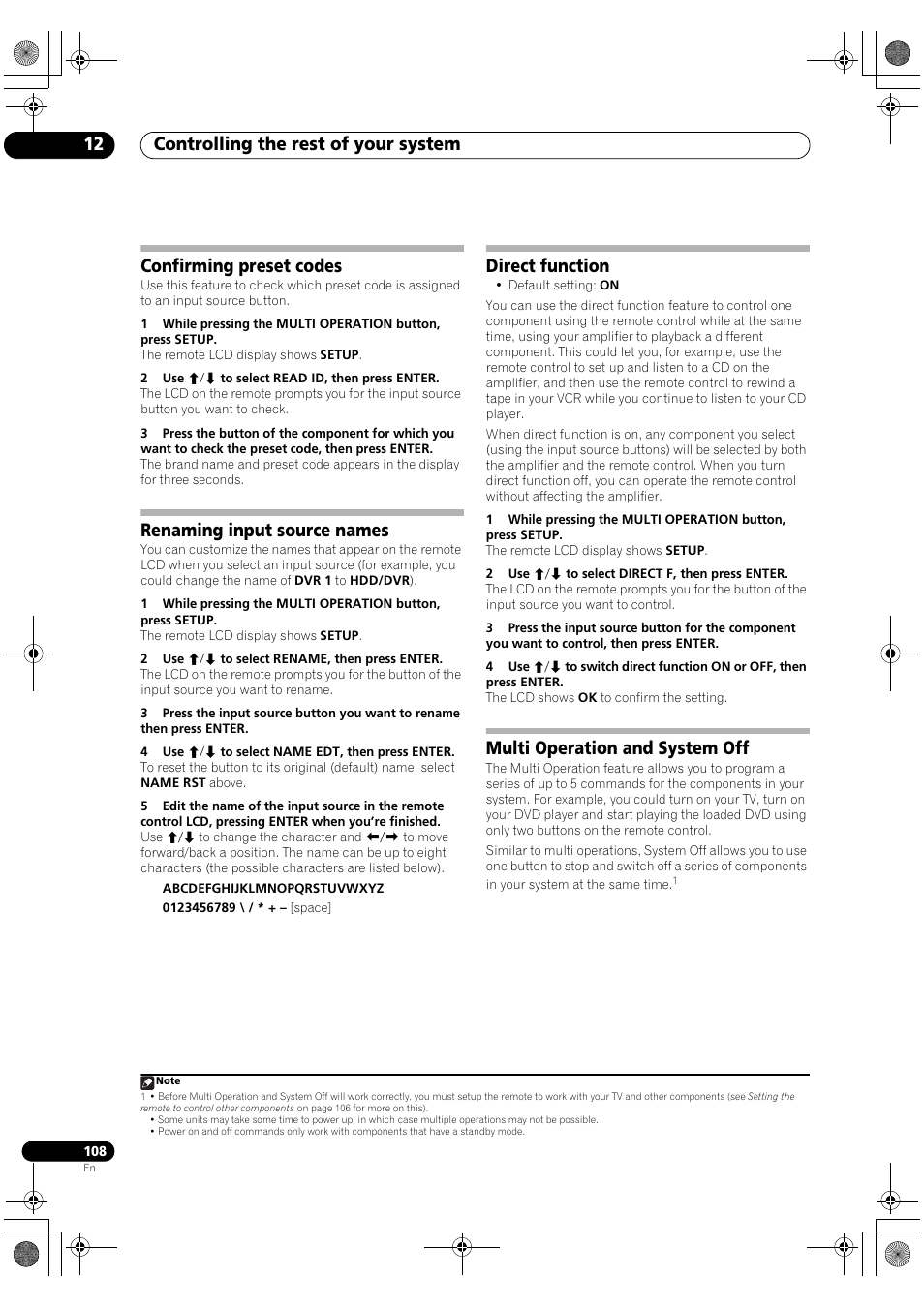Controlling the rest of your system 12, Confirming preset codes, Renaming input source names | Direct function, Multi operation and system off | Pioneer SC-LX90 User Manual | Page 108 / 150