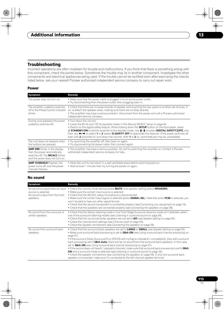 Troubleshooting, Power no sound, Additional information 13 | Pioneer SC-LX90 User Manual | Page 115 / 150