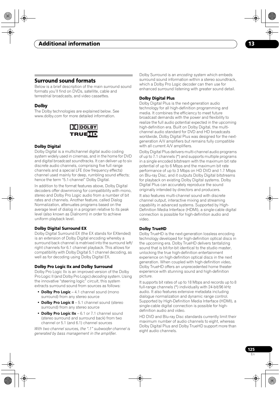 Surround sound formats, Dolby, Additional information 13 | Pioneer SC-LX90 User Manual | Page 125 / 150