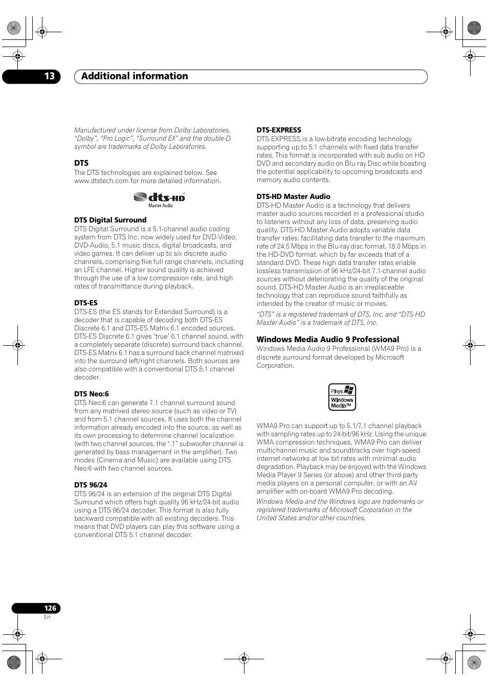 Dts windows media audio 9 professional, Additional information 13 | Pioneer SC-LX90 User Manual | Page 126 / 150