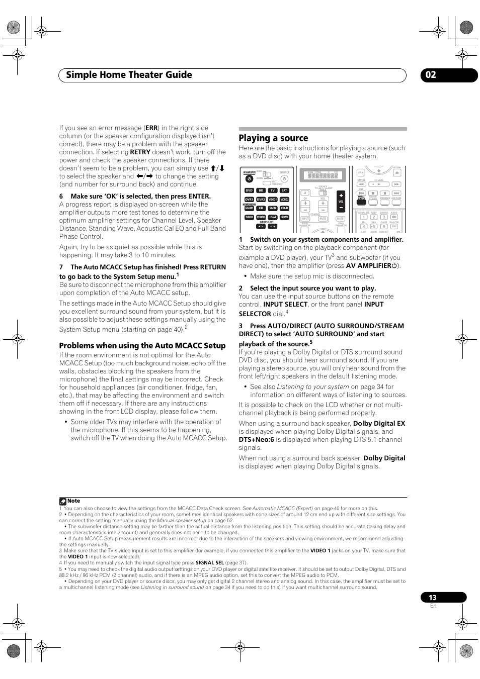 Problems when using the auto mcacc setup, Playing a source, Simple home theater guide 02 | Pioneer SC-LX90 User Manual | Page 13 / 150