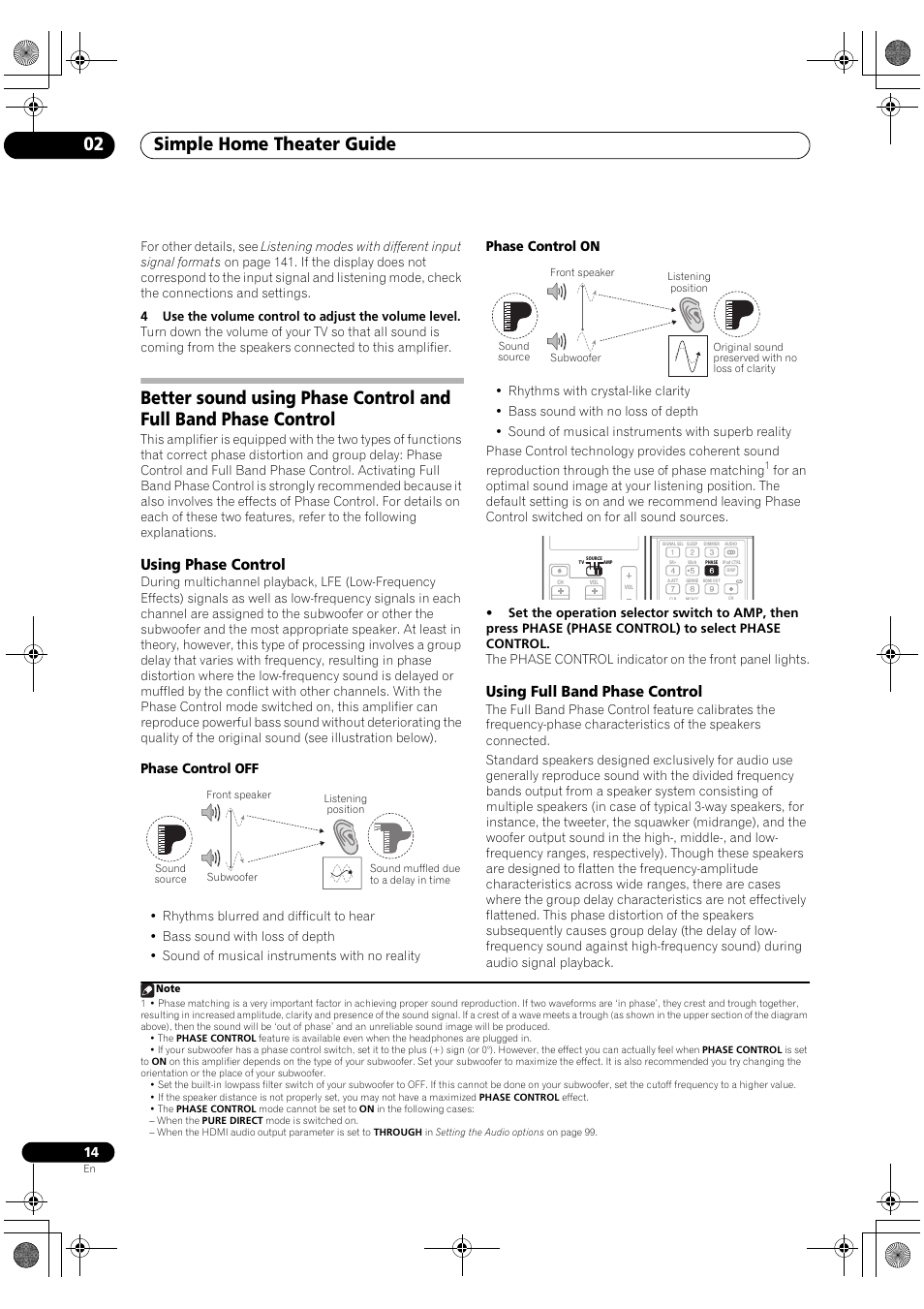 Using phase control using full band phase control, Simple home theater guide 02, Using phase control | Using full band phase control, Phase control off, Phase control on | Pioneer SC-LX90 User Manual | Page 14 / 150