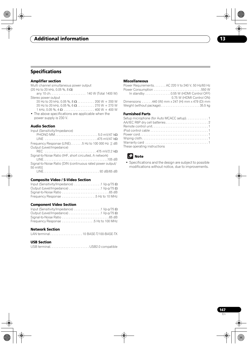 Specifications, Additional information 13 | Pioneer SC-LX90 User Manual | Page 147 / 150