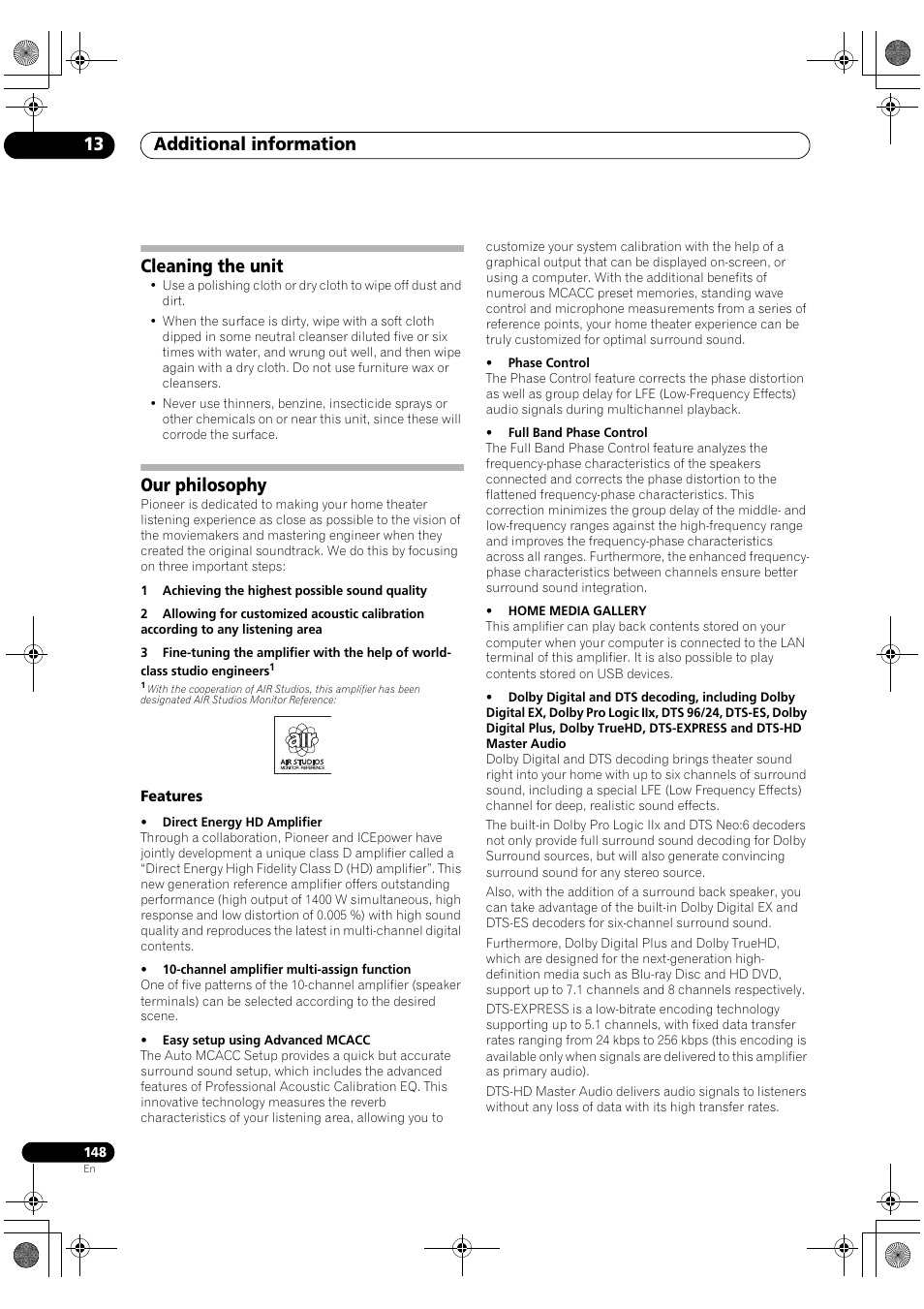 Cleaning the unit our philosophy, Features, Additional information 13 | Cleaning the unit, Our philosophy | Pioneer SC-LX90 User Manual | Page 148 / 150
