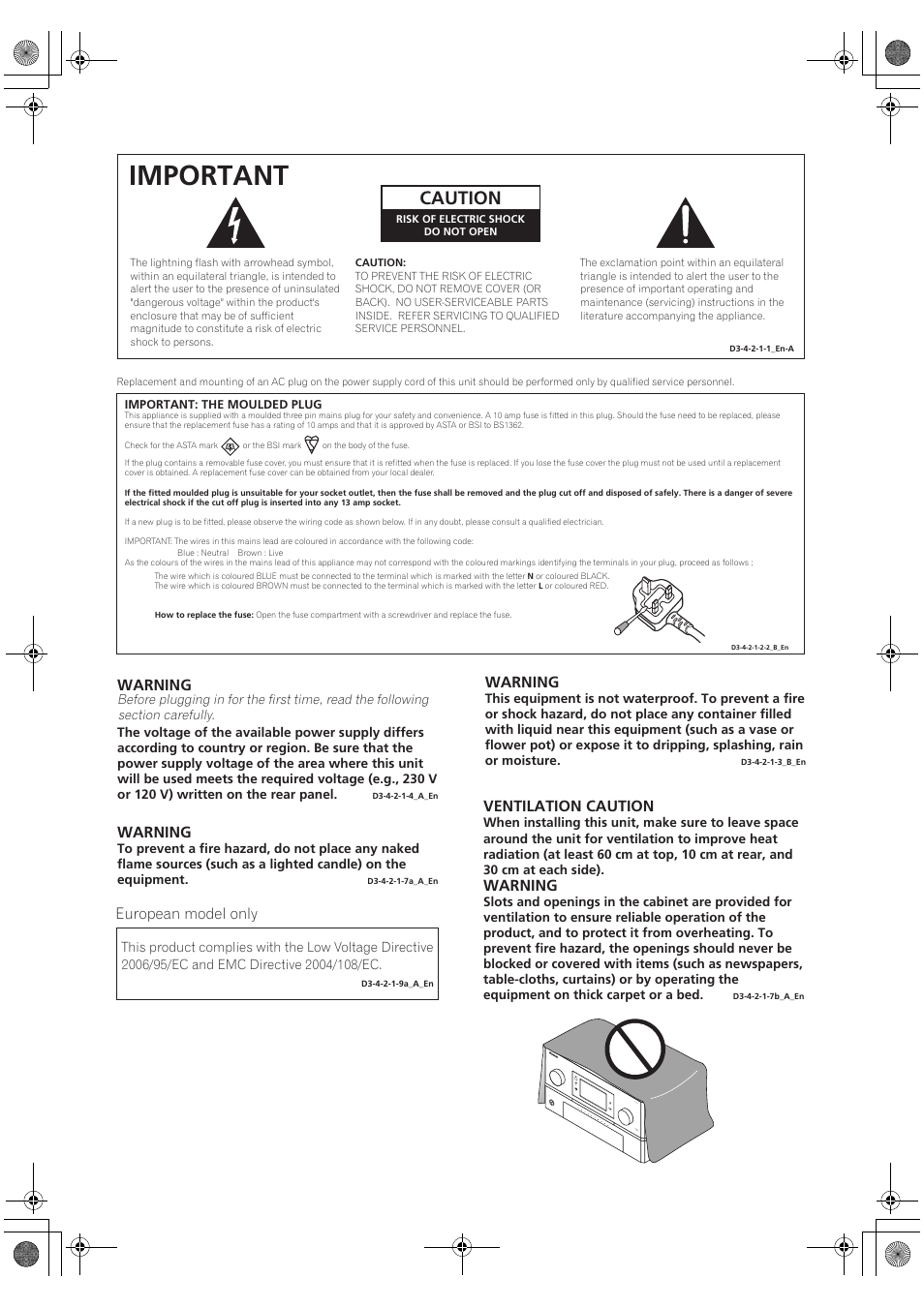 Important, Caution, Warning | Ventilation caution | Pioneer SC-LX90 User Manual | Page 2 / 150