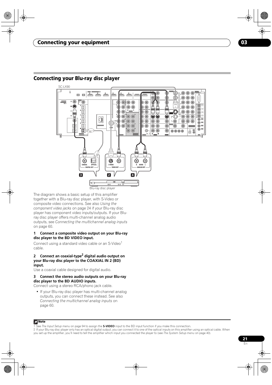 Connecting your blu-ray disc player, Connecting your equipment 03, Cable. 2 connect an coaxial-type | Pioneer SC-LX90 User Manual | Page 21 / 150