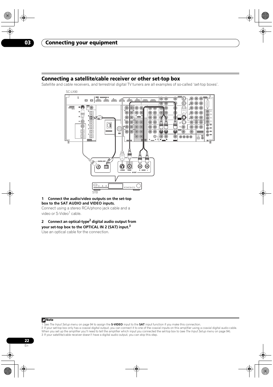 Connecting your equipment 03, Cable. 2 connect an optical-type, Use an optical cable for the connection | Pioneer SC-LX90 User Manual | Page 22 / 150