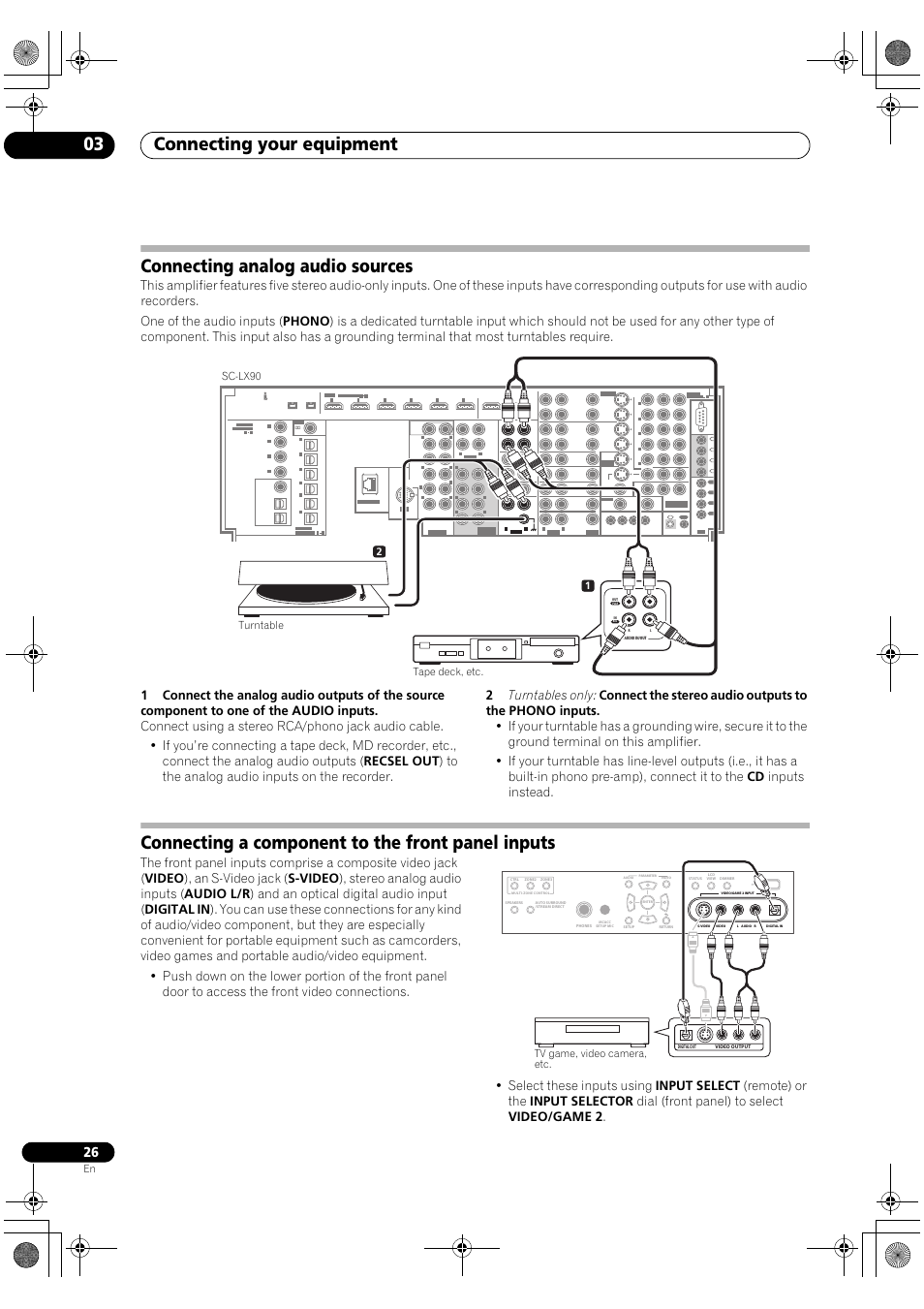 Connecting your equipment 03, Connecting analog audio sources, Connecting a component to the front panel inputs | Sc-lx90 turntable tape deck, etc | Pioneer SC-LX90 User Manual | Page 26 / 150