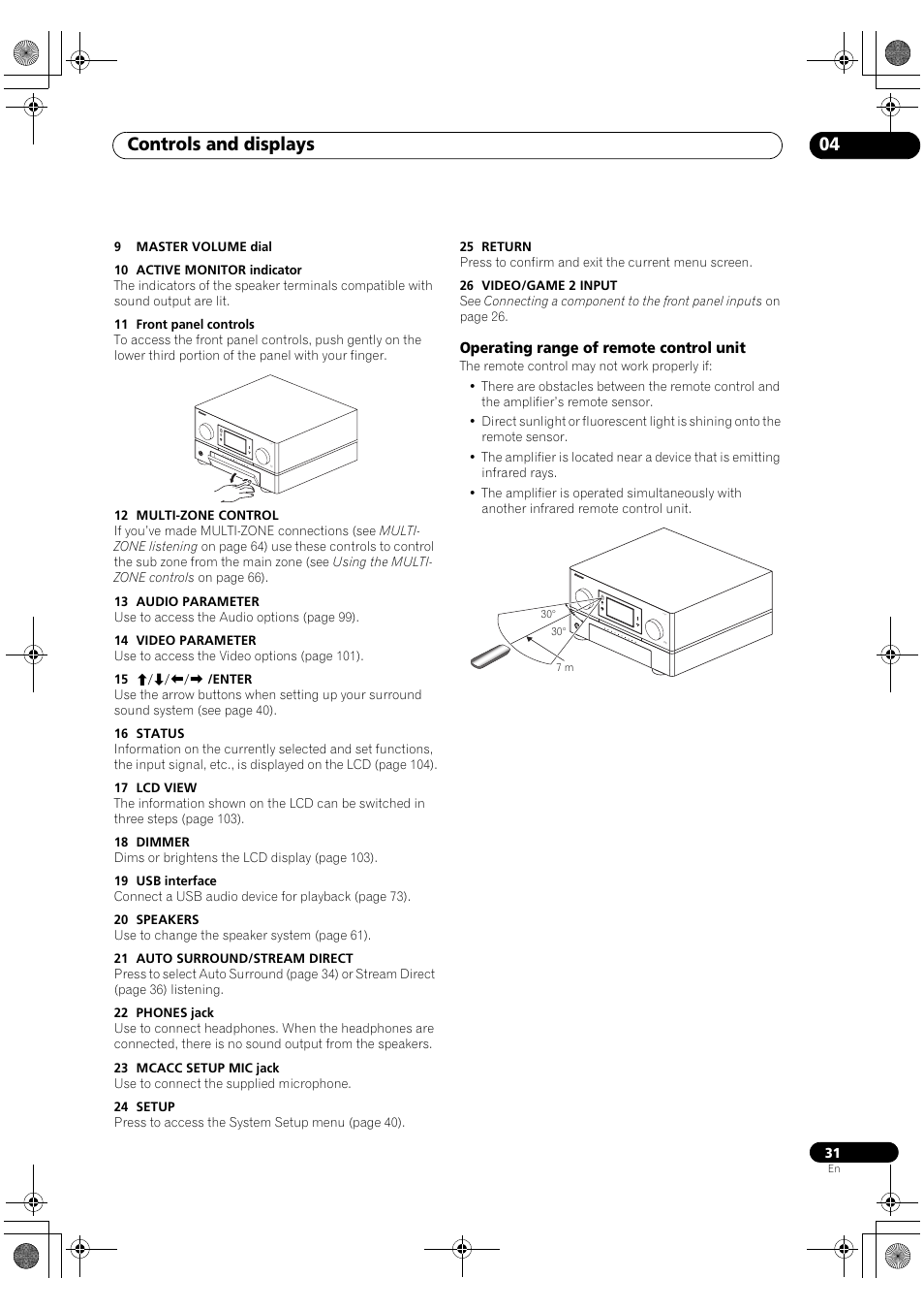 Operating range of remote control unit, Controls and displays 04 | Pioneer SC-LX90 User Manual | Page 31 / 150