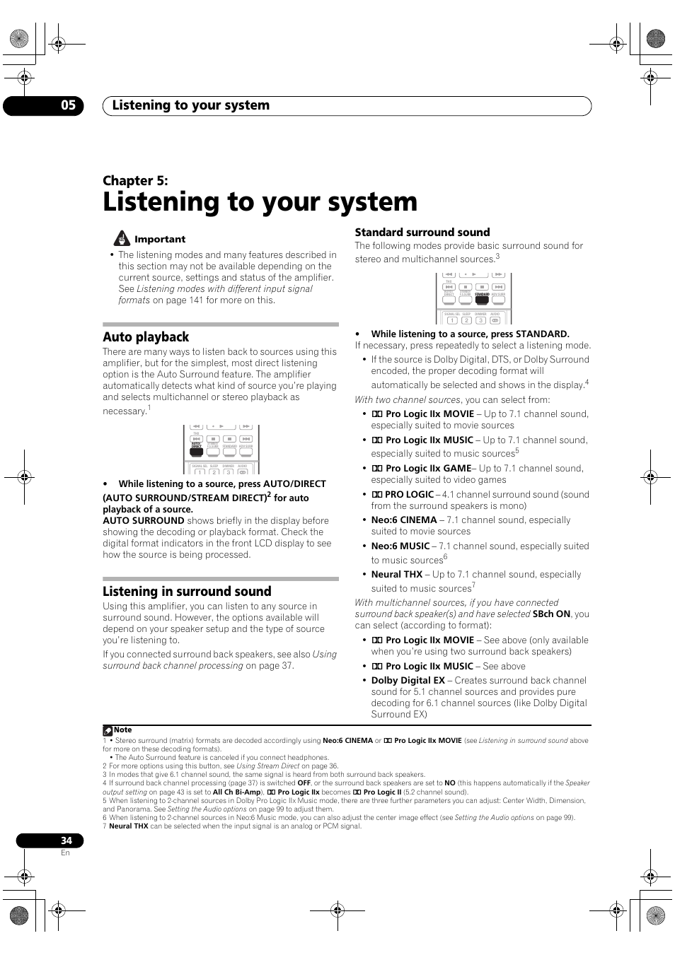 Auto playback listening in surround sound, Standard surround sound, Listening to your system | Listening to your system 05, Chapter 5, Auto playback, Listening in surround sound | Pioneer SC-LX90 User Manual | Page 34 / 150
