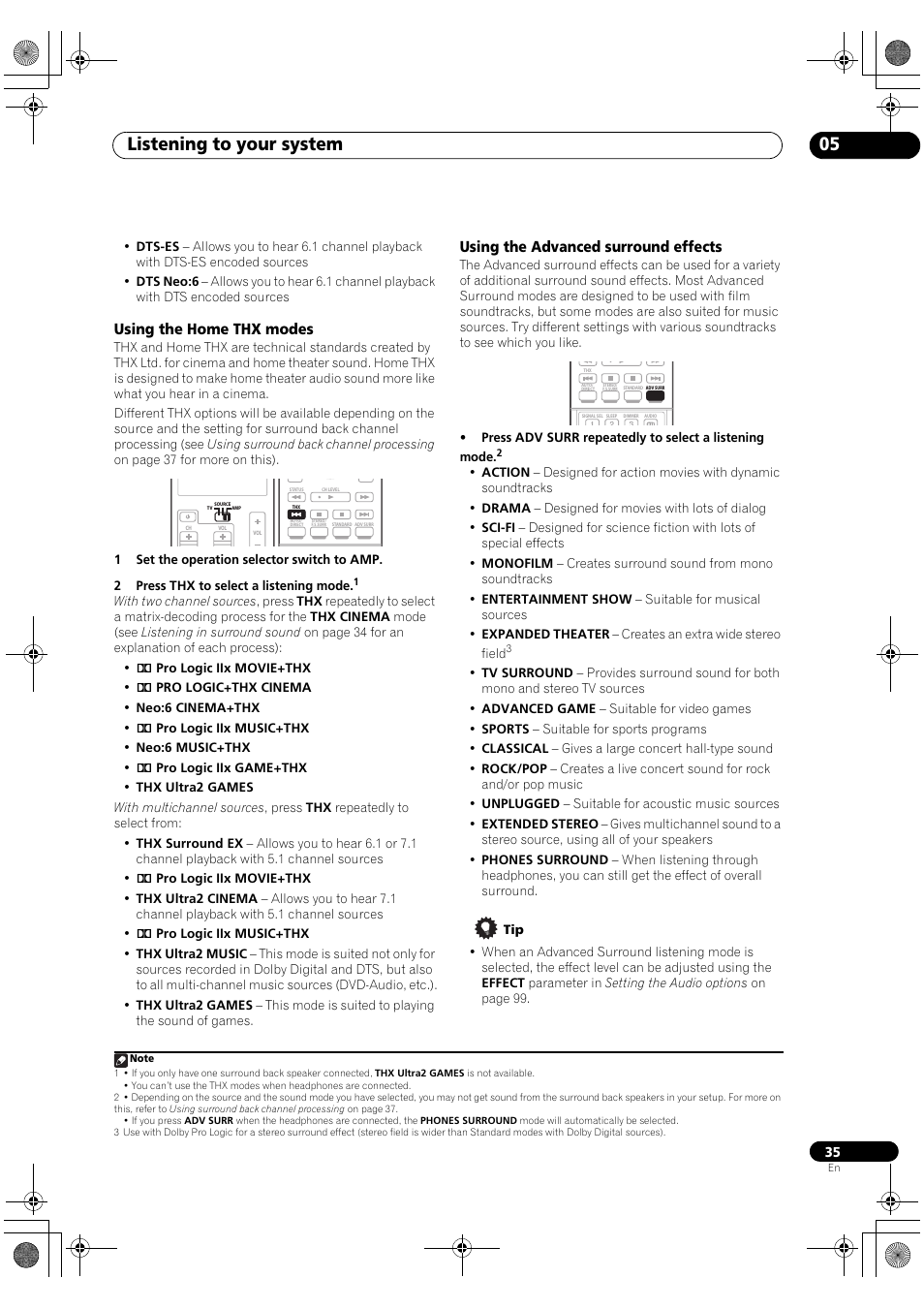 Listening to your system 05, Using the home thx modes, Using the advanced surround effects | Pioneer SC-LX90 User Manual | Page 35 / 150