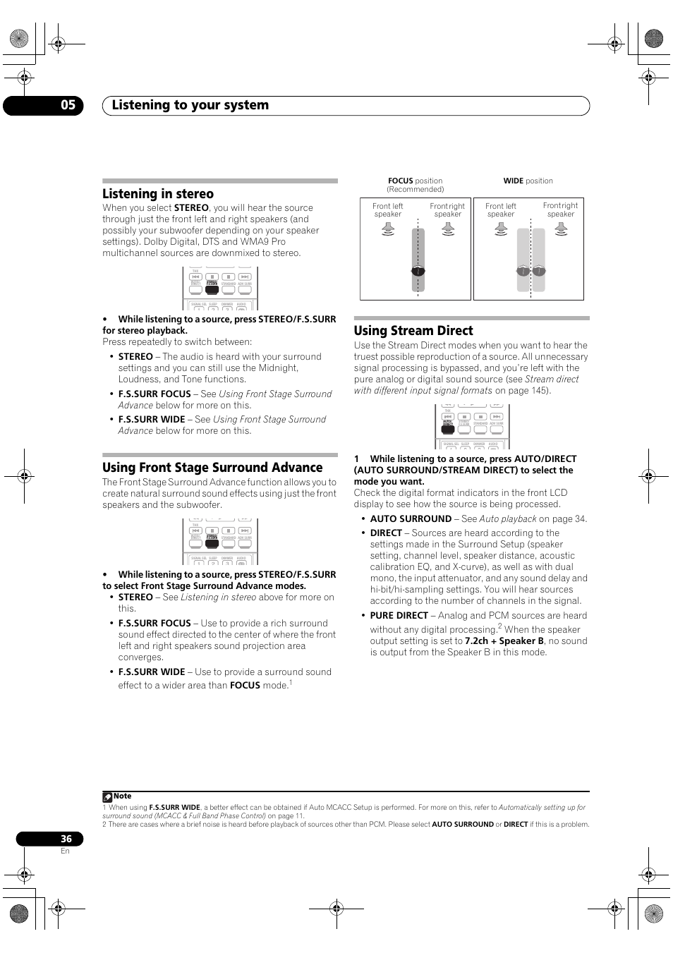 Listening to your system 05, Listening in stereo, Using front stage surround advance | Using stream direct | Pioneer SC-LX90 User Manual | Page 36 / 150