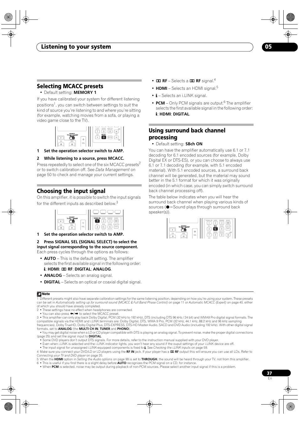 Listening to your system 05, Selecting mcacc presets, Choosing the input signal | Using surround back channel processing, Hdmi – selects an hdmi signal, Sound plays through surround back speaker(s)) | Pioneer SC-LX90 User Manual | Page 37 / 150
