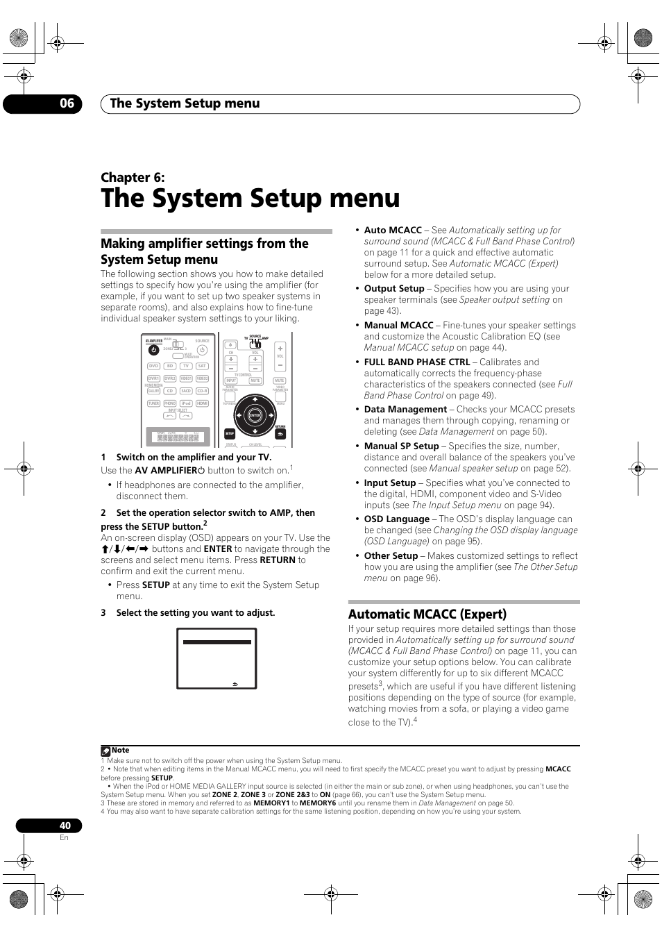 The system setup menu, The system setup menu 06, Chapter 6 | Automatic mcacc (expert) | Pioneer SC-LX90 User Manual | Page 40 / 150