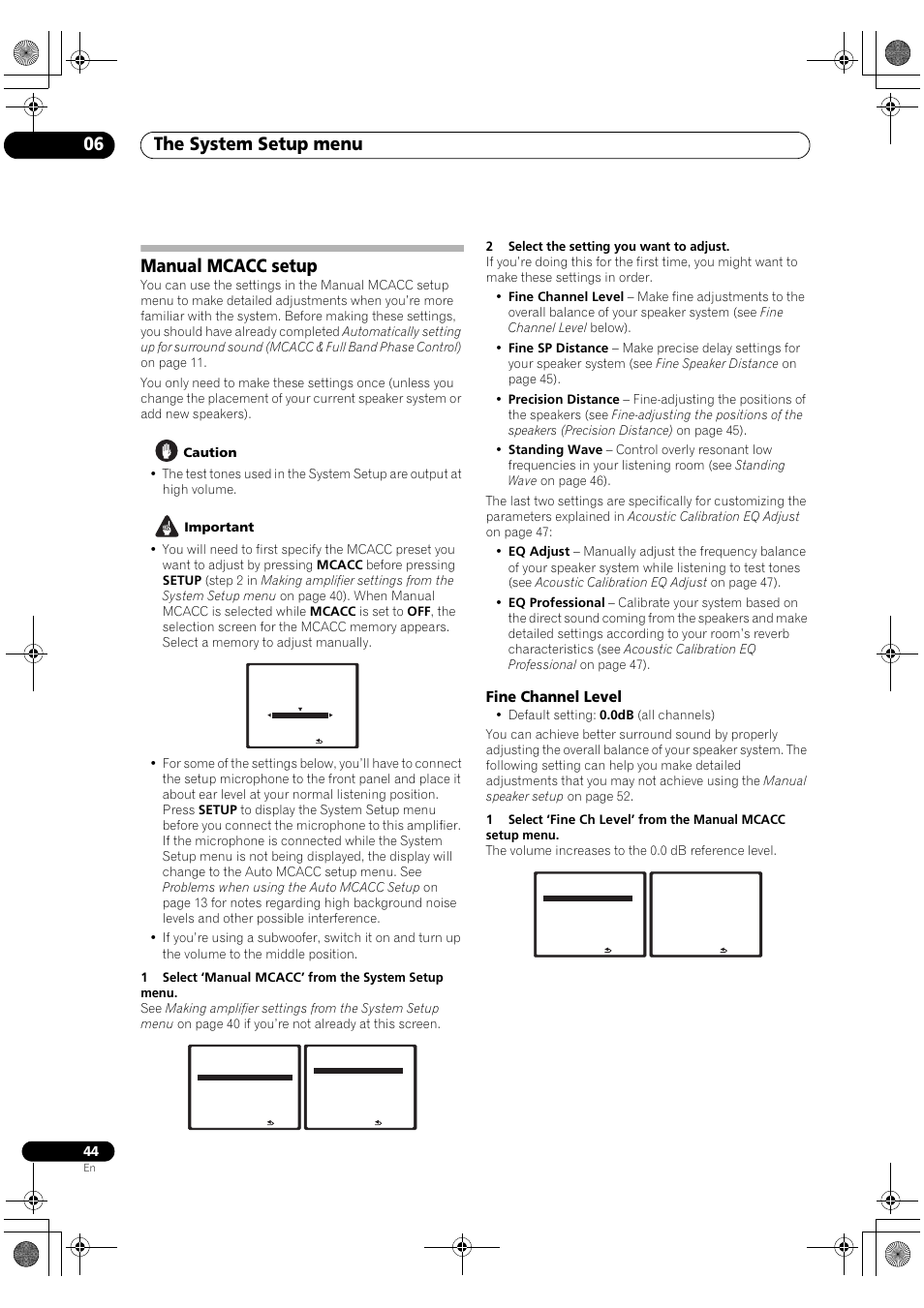 Manual mcacc setup, Fine channel level, The system setup menu 06 | Pioneer SC-LX90 User Manual | Page 44 / 150