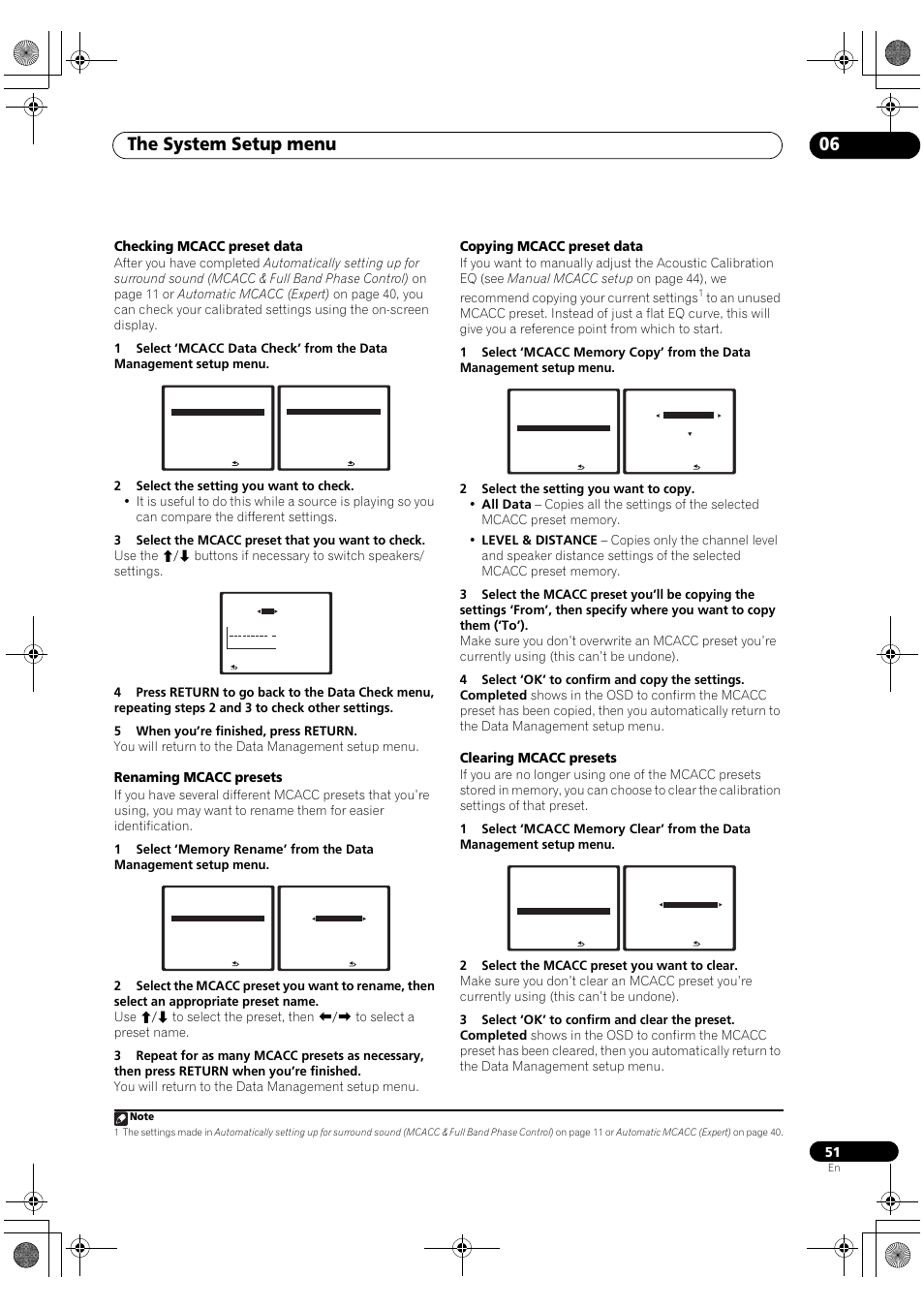 The system setup menu 06, Checking mcacc preset data, Renaming mcacc presets | Copying mcacc preset data, Clearing mcacc presets | Pioneer SC-LX90 User Manual | Page 51 / 150