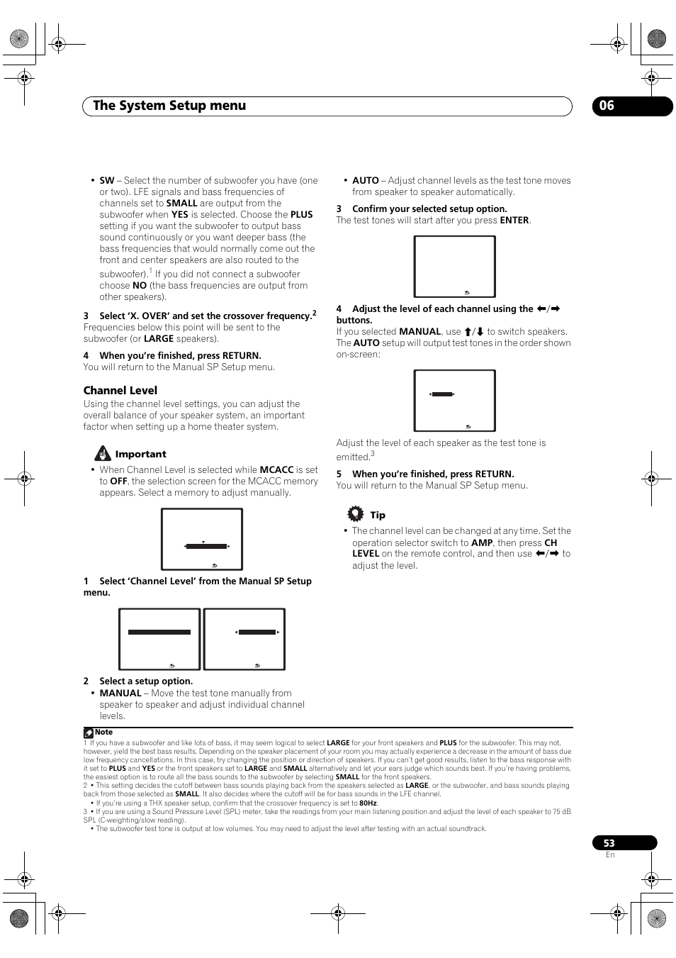 Channel level, The system setup menu 06 | Pioneer SC-LX90 User Manual | Page 53 / 150