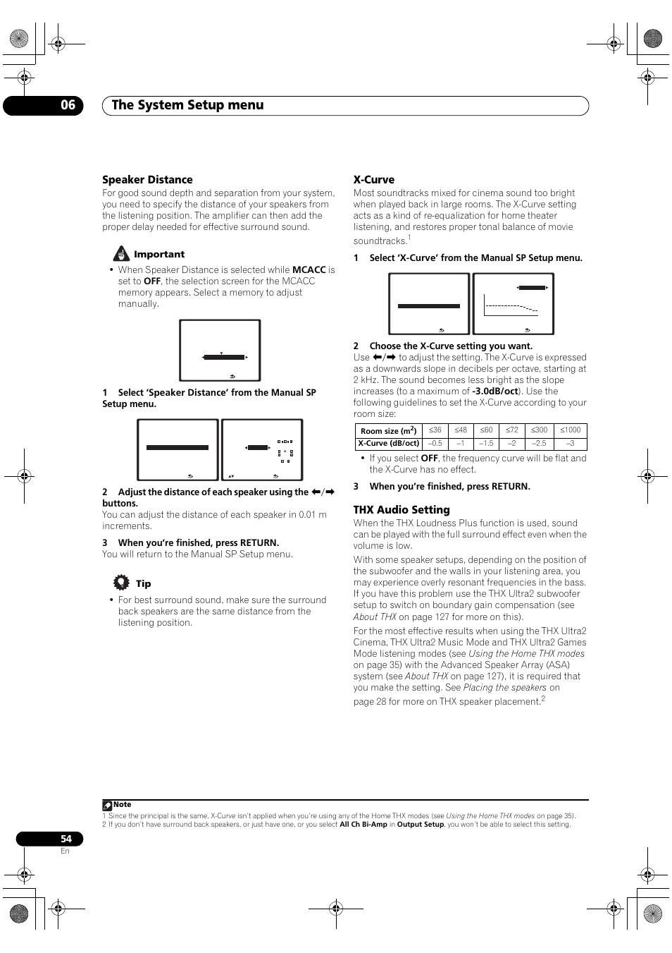 Speaker distance x-curve thx audio setting, The system setup menu 06, Speaker distance | X-curve, Thx audio setting | Pioneer SC-LX90 User Manual | Page 54 / 150