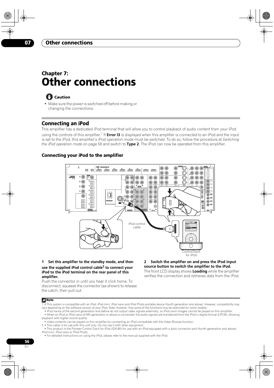 Connecting an ipod, Connecting your ipod to the amplifier, Other connections | Other connections 07, Chapter 7, Ipod control cable control dock for ipod | Pioneer SC-LX90 User Manual | Page 56 / 150