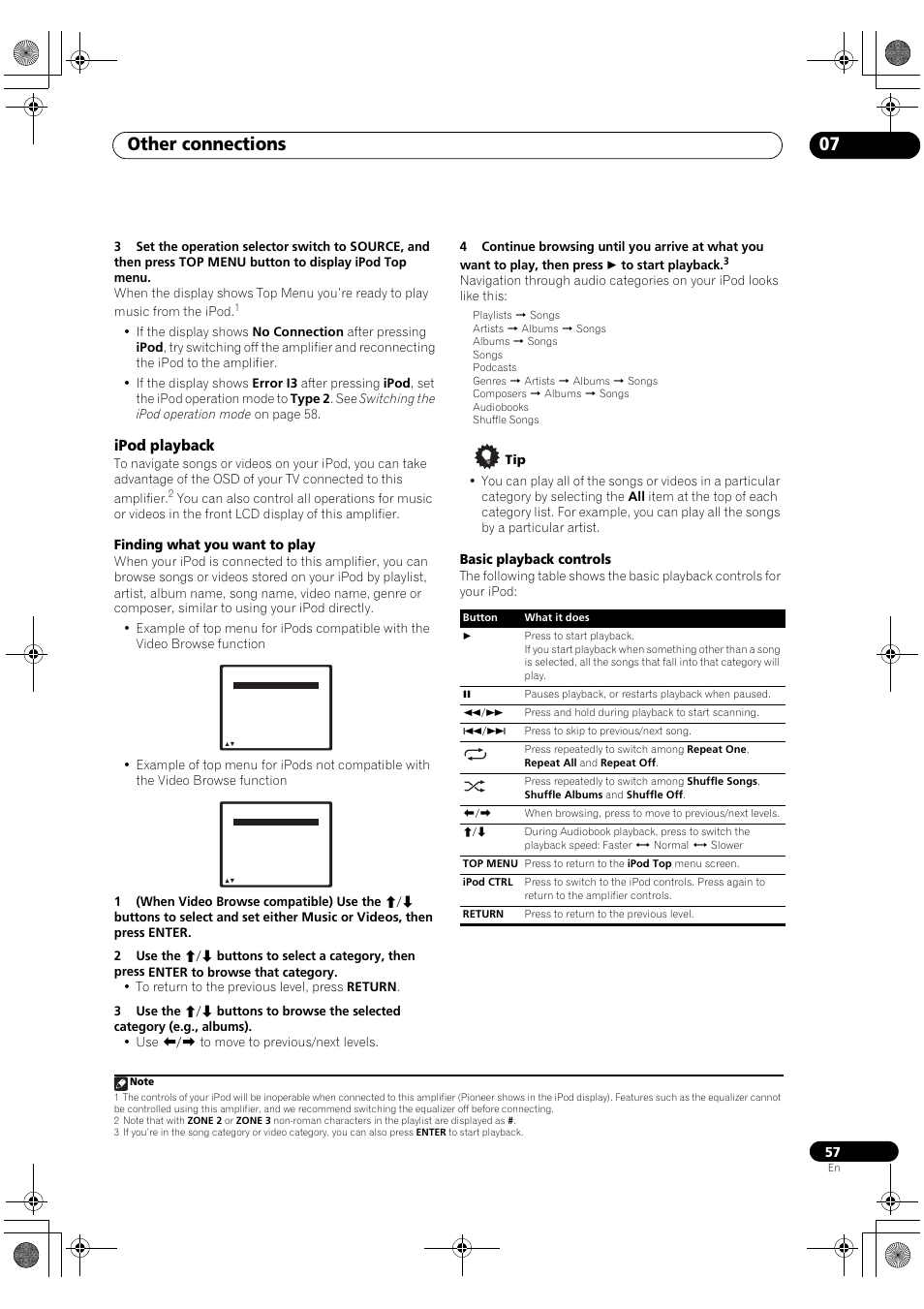 Ipod playback, Other connections 07, Finding what you want to play | Basic playback controls | Pioneer SC-LX90 User Manual | Page 57 / 150