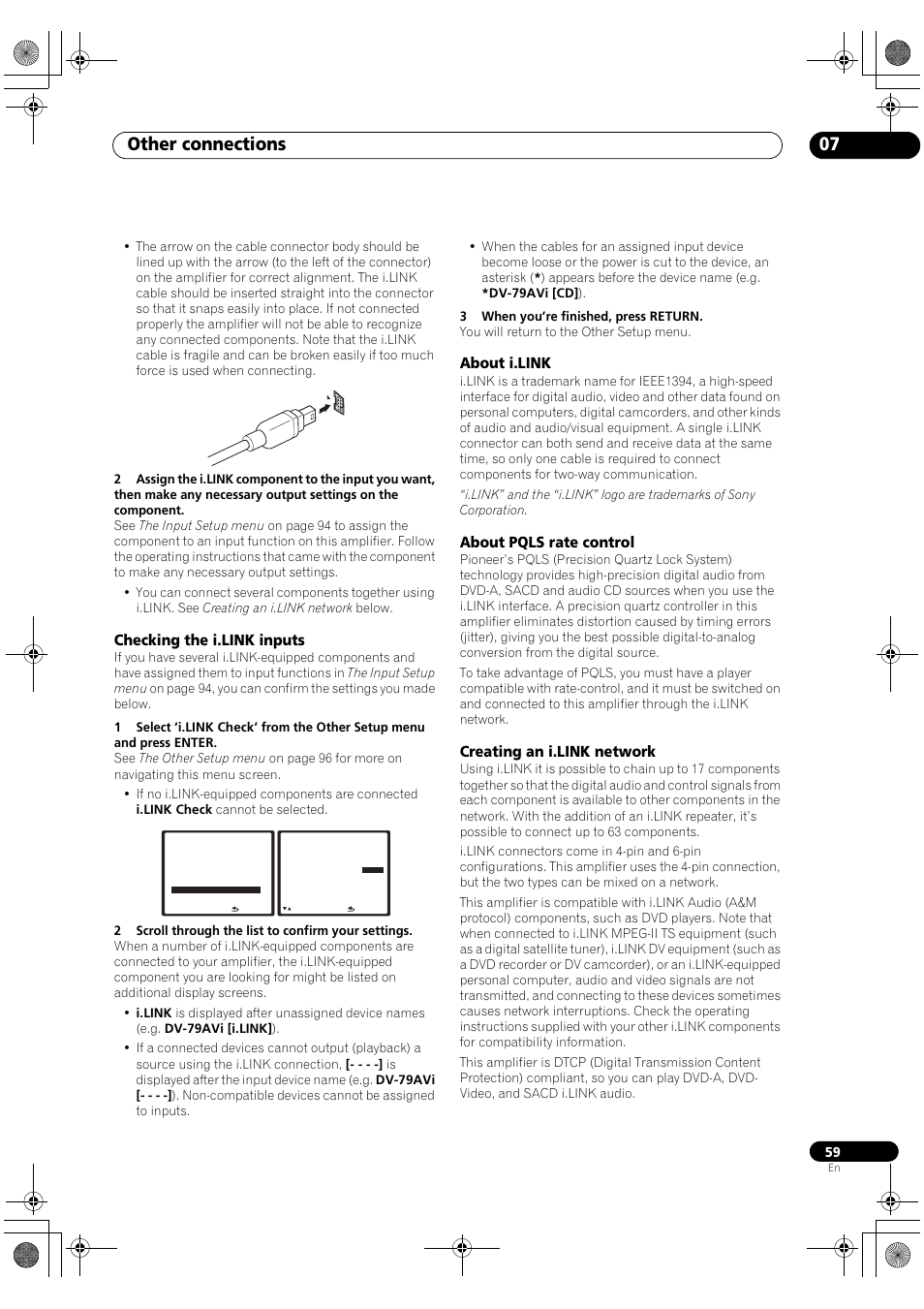 Other connections 07, Checking the i.link inputs, About i.link | About pqls rate control, Creating an i.link network | Pioneer SC-LX90 User Manual | Page 59 / 150