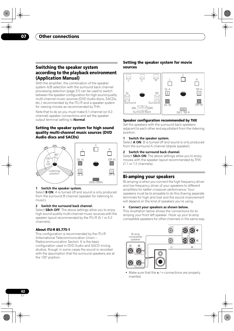 Bi-amping your speakers, Other connections 07, Setting the speaker system for movie sources | Pioneer SC-LX90 User Manual | Page 62 / 150