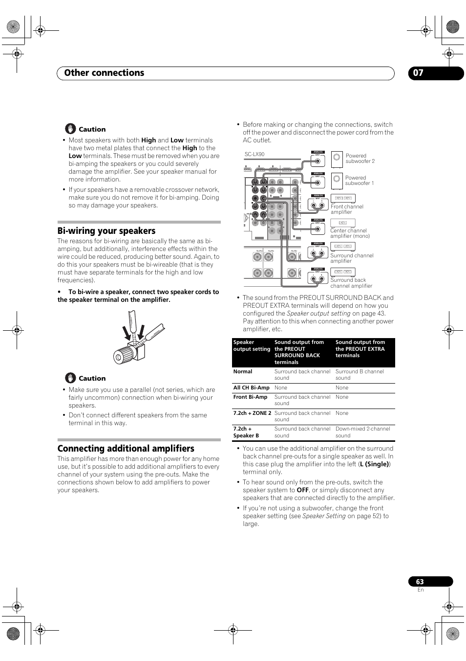 Other connections 07, Bi-wiring your speakers, Connecting additional amplifiers | Pioneer SC-LX90 User Manual | Page 63 / 150