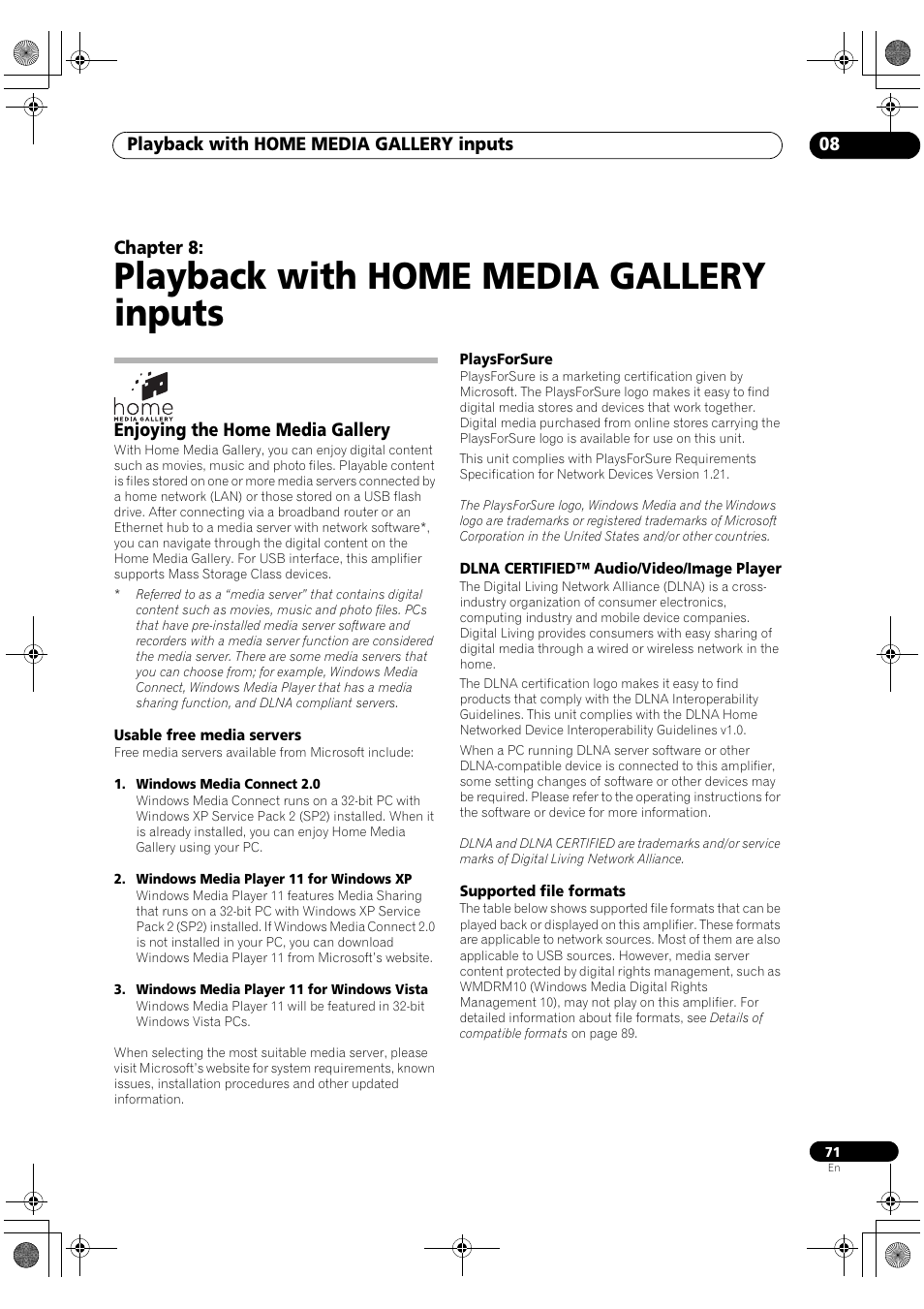 Enjoying the home media gallery, Playback with home media gallery inputs, Playback with home media gallery inputs 08 | Chapter 8 | Pioneer SC-LX90 User Manual | Page 71 / 150