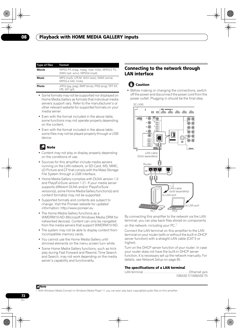 Connecting to the network through lan interface, Playback with home media gallery inputs 08, The specifications of a lan terminal | Pioneer SC-LX90 User Manual | Page 72 / 150