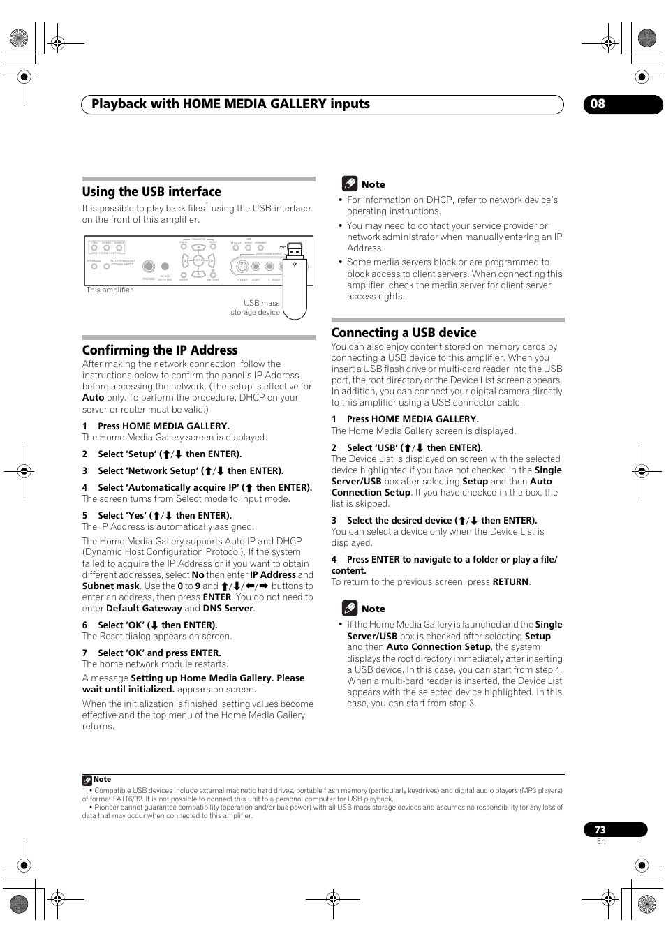 Playback with home media gallery inputs 08, Using the usb interface, Confirming the ip address | Connecting a usb device | Pioneer SC-LX90 User Manual | Page 73 / 150