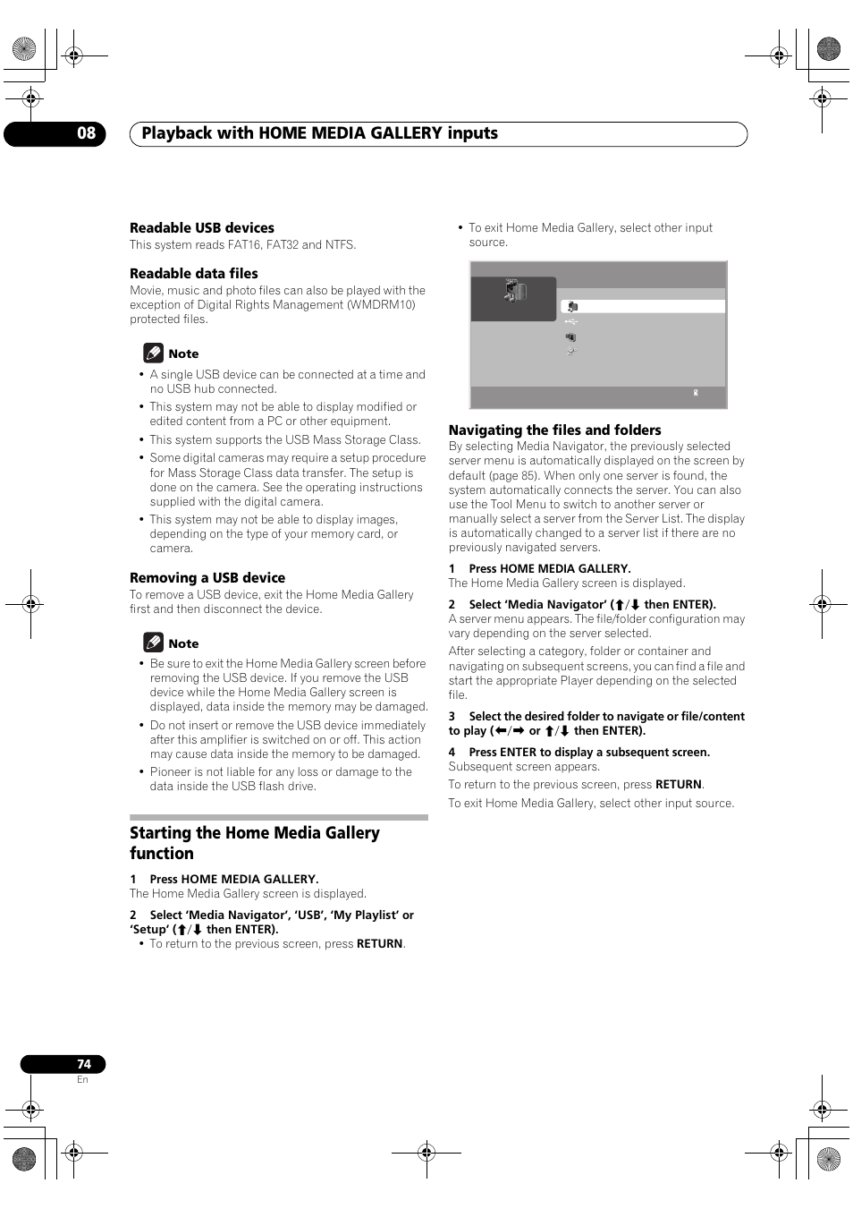 Starting the home media gallery function, Navigating the files and folders, Playback with home media gallery inputs 08 | Pioneer SC-LX90 User Manual | Page 74 / 150