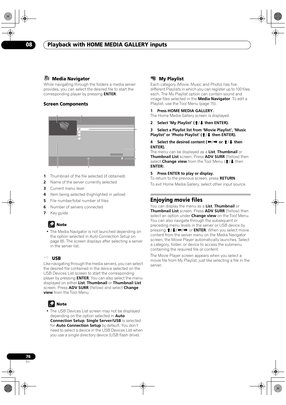 Media navigator screen components usb my playlist, Enjoying movie files, Playback with home media gallery inputs 08 | Pioneer SC-LX90 User Manual | Page 76 / 150