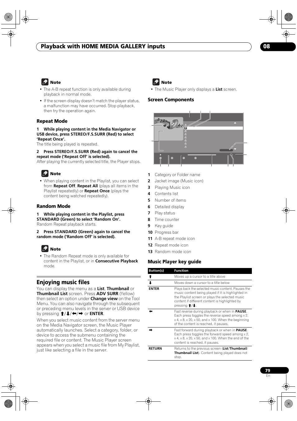 Repeat mode random mode, Enjoying music files, Screen components music player key guide | Playback with home media gallery inputs 08 | Pioneer SC-LX90 User Manual | Page 79 / 150