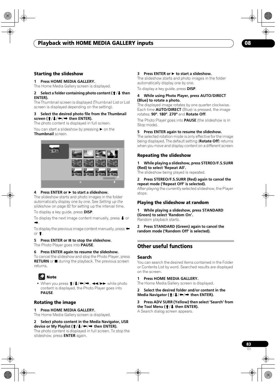 Other useful functions, Search, Playback with home media gallery inputs 08 | Pioneer SC-LX90 User Manual | Page 83 / 150
