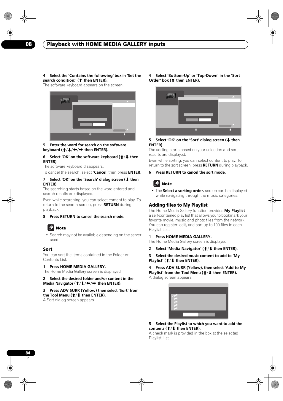 Sort adding files to my playlist, Playback with home media gallery inputs 08, Sort | Adding files to my playlist | Pioneer SC-LX90 User Manual | Page 84 / 150