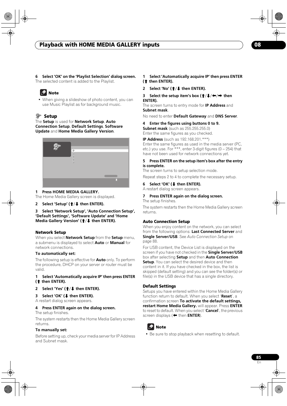 Setup, Playback with home media gallery inputs 08 | Pioneer SC-LX90 User Manual | Page 85 / 150