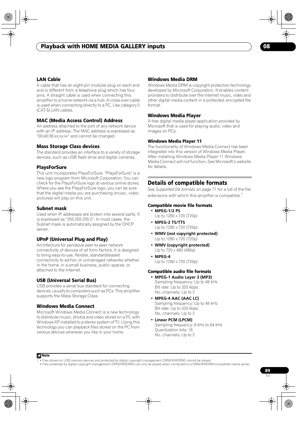 Details of compatible formats, Playback with home media gallery inputs 08 | Pioneer SC-LX90 User Manual | Page 89 / 150