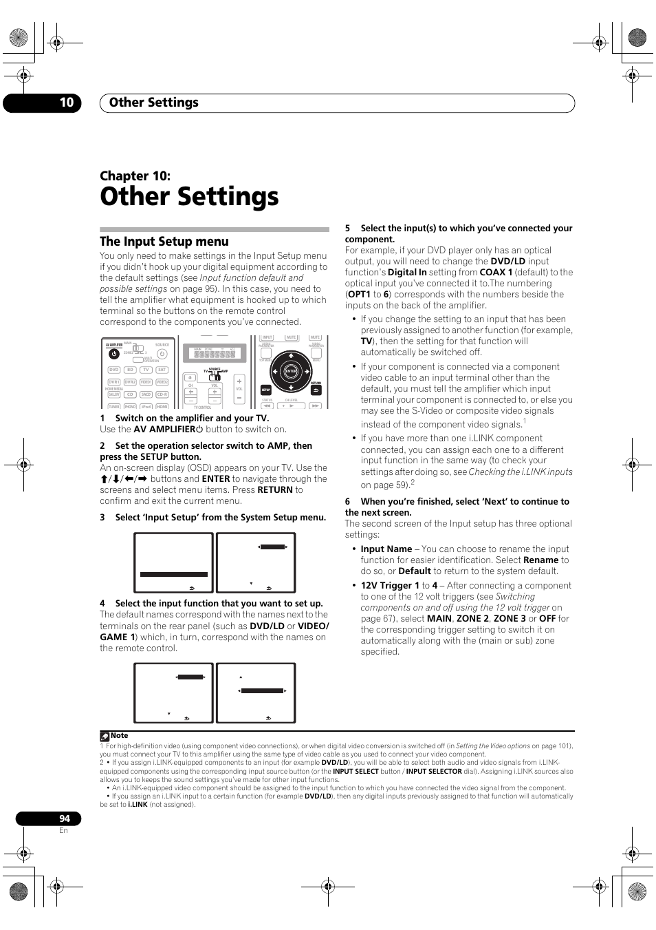 The input setup menu, Other settings, Other settings 10 | Chapter 10 | Pioneer SC-LX90 User Manual | Page 94 / 150