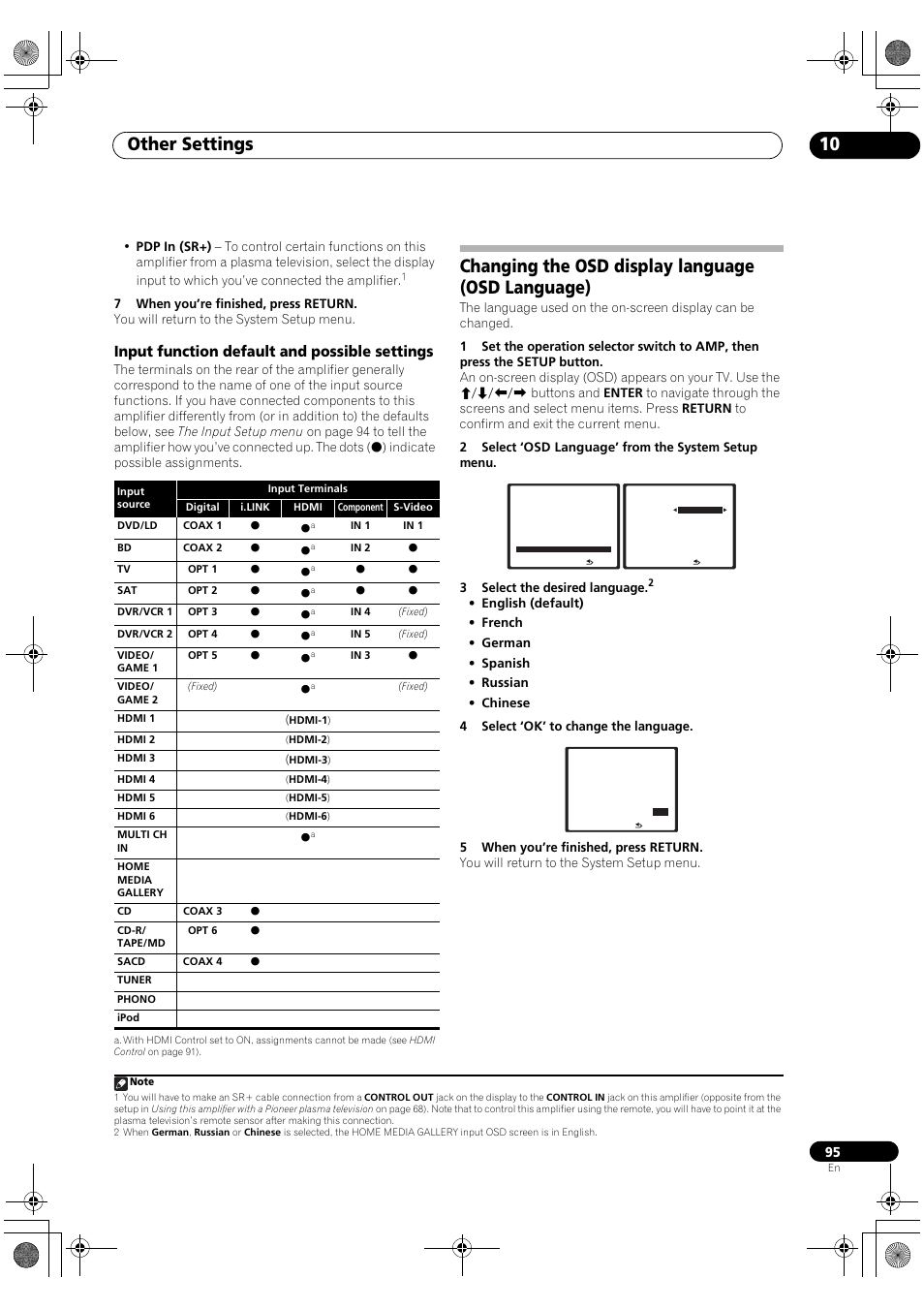Input function default and possible settings, Changing the osd display language (osd language), Other settings 10 | Pioneer SC-LX90 User Manual | Page 95 / 150