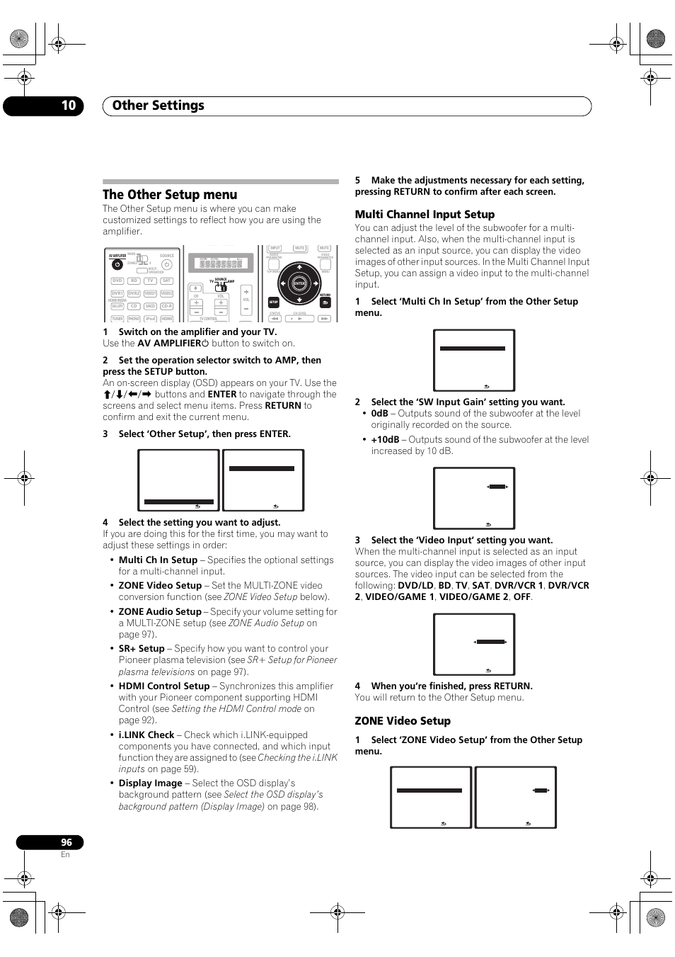 The other setup menu, Multi channel input setup zone video setup, Other settings 10 | Multi channel input setup, Zone video setup | Pioneer SC-LX90 User Manual | Page 96 / 150