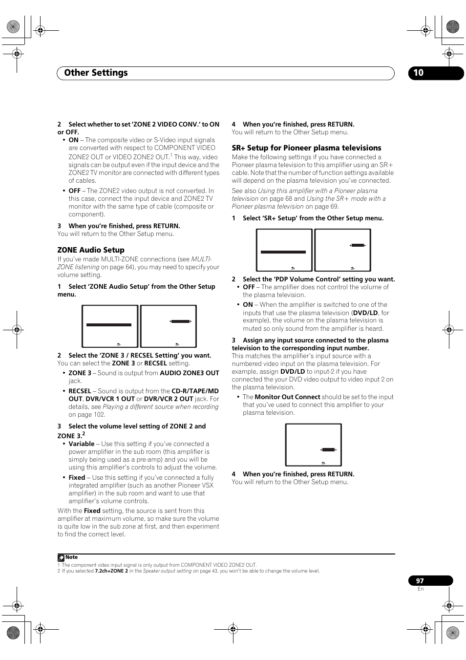 Other settings 10, Zone audio setup, Sr+ setup for pioneer plasma televisions | Pioneer SC-LX90 User Manual | Page 97 / 150