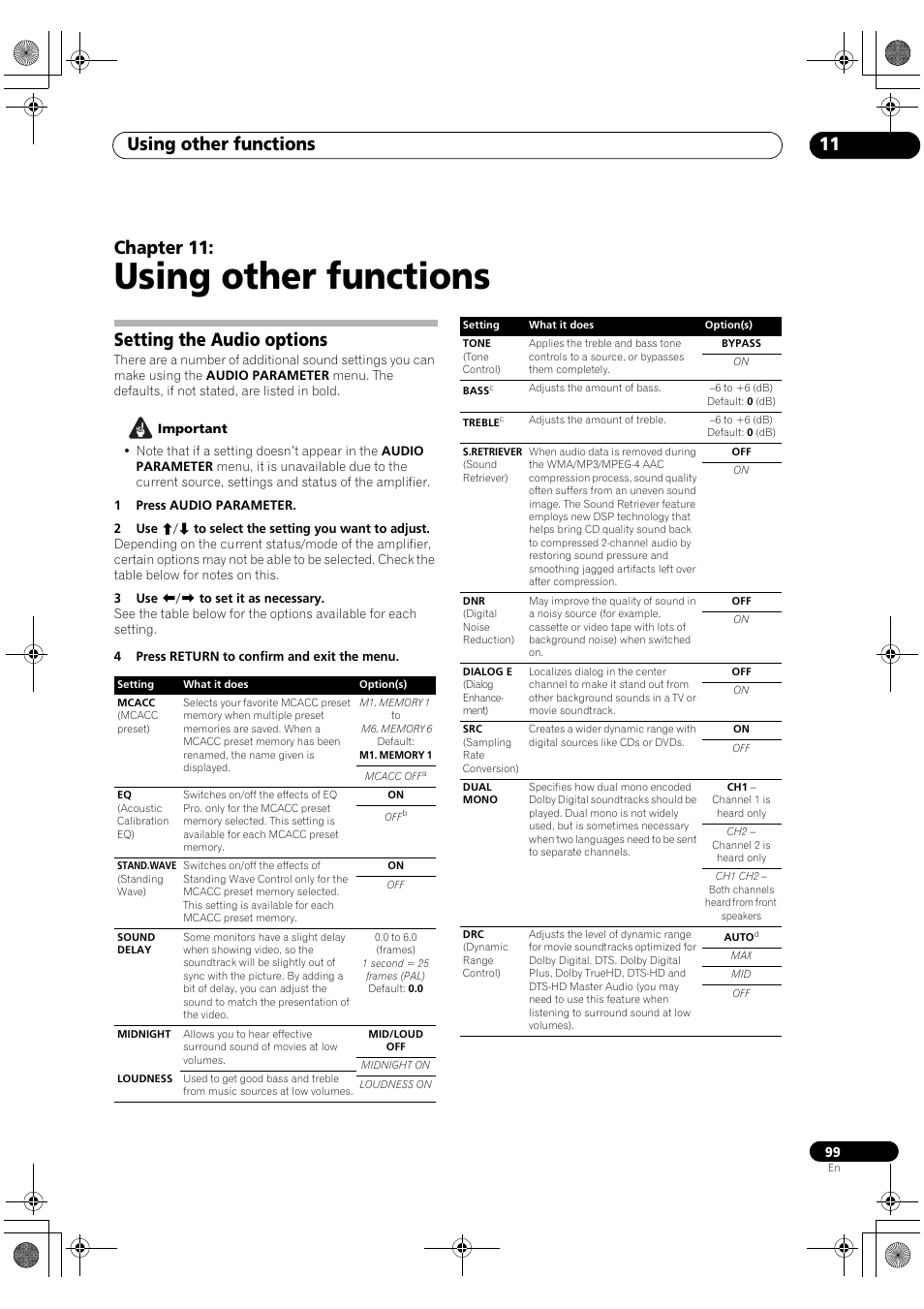 Setting the audio options, Using other functions, Using other functions 11 | Chapter 11 | Pioneer SC-LX90 User Manual | Page 99 / 150