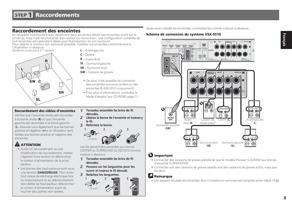 Raccordements, Raccordement des enceintes | Pioneer VSX-S510-S User Manual | Page 11 / 60
